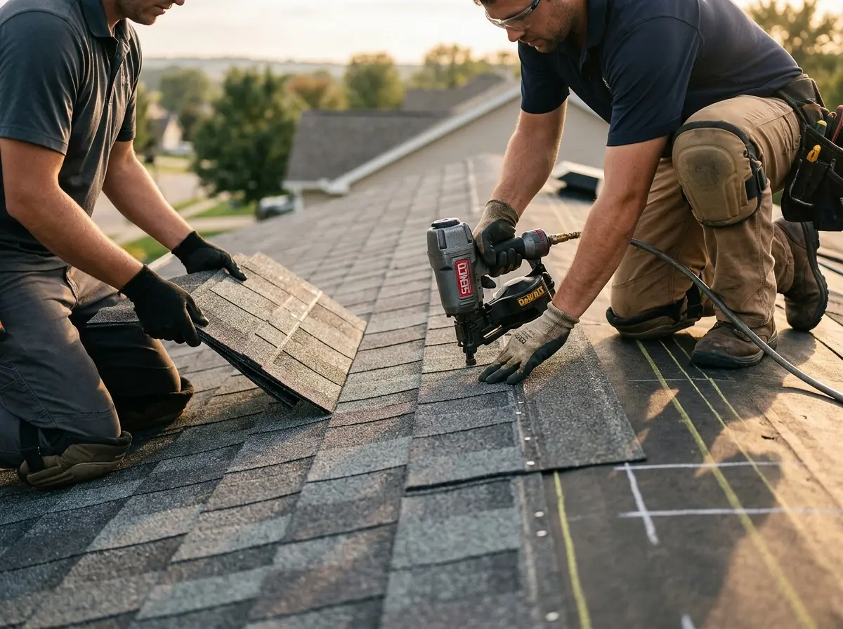 Professional roofer working on a residential roof in Crouch Mesa